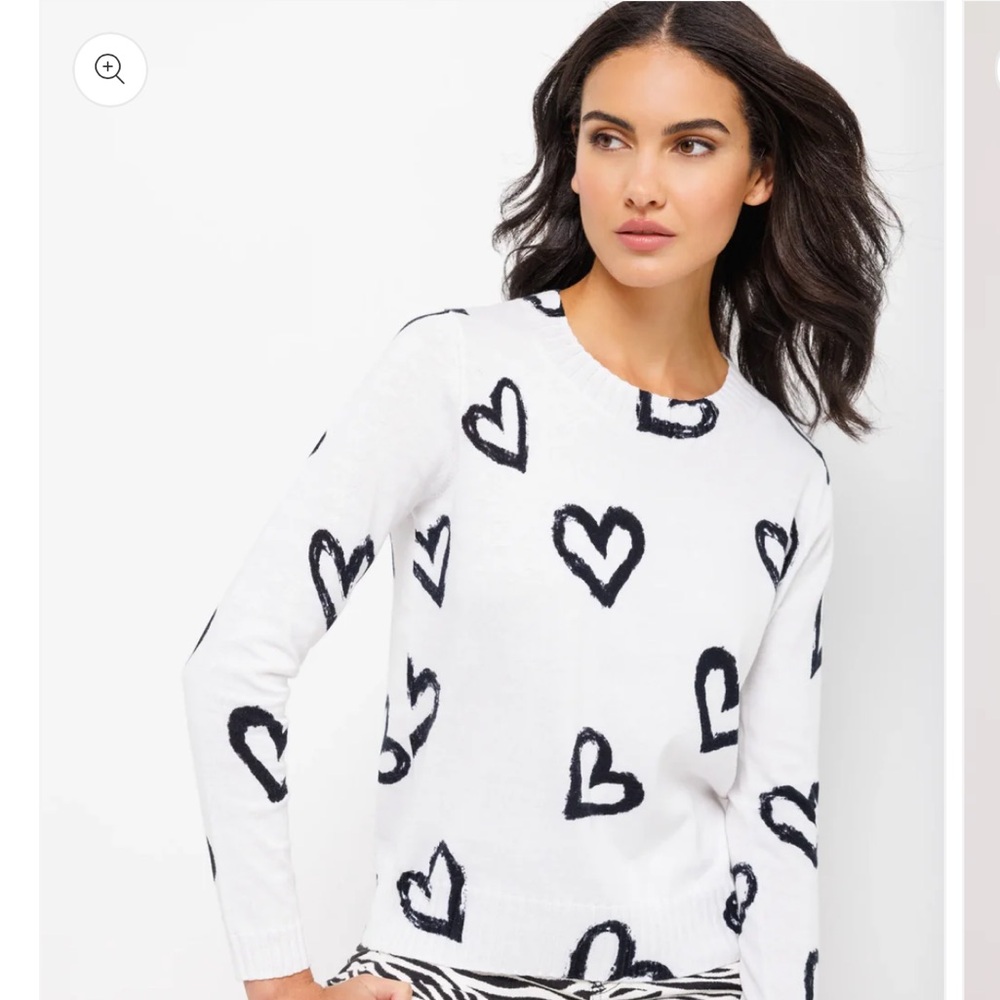 Lisa Todd White Cotton Sweater with Black Heart Print